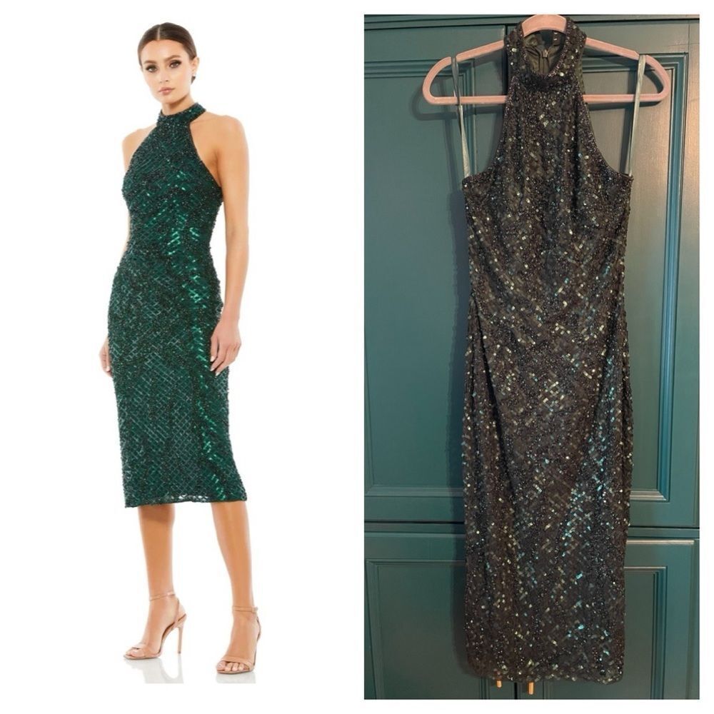 Mac Duggal Hunter Green Sequin Beaded Halter Midi Dress NWOT 2 Formal Evening